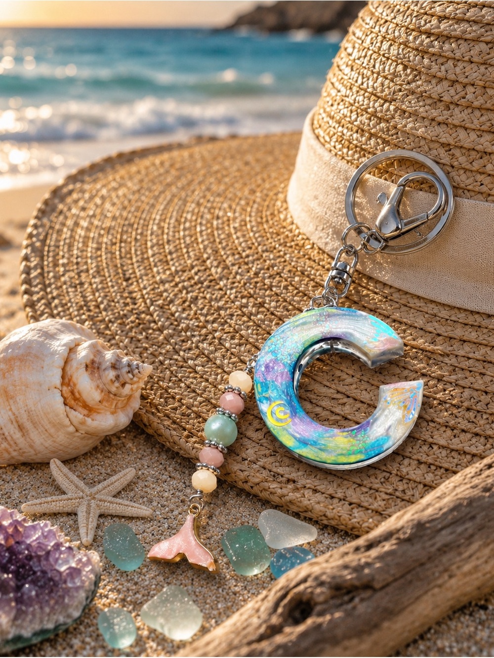 Letter C Mermaid Keychain with Tail Charm Ocean Inspired Artisan - Picture 5 of 16